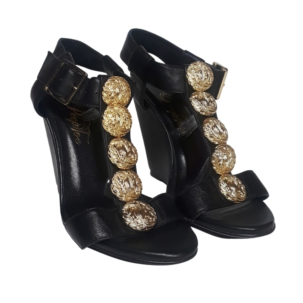 PEEPTOE Leather Gold Buttons Miss Poison Black Ankle Strap Wedge Heels 36